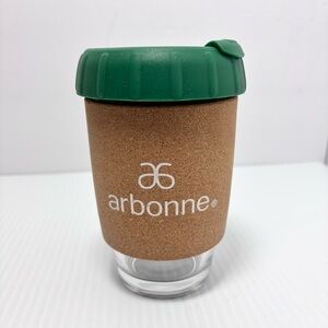 Arbonne Glass Teacup Mug Tumbler Travel Hand Heat Resist Cork and Lid